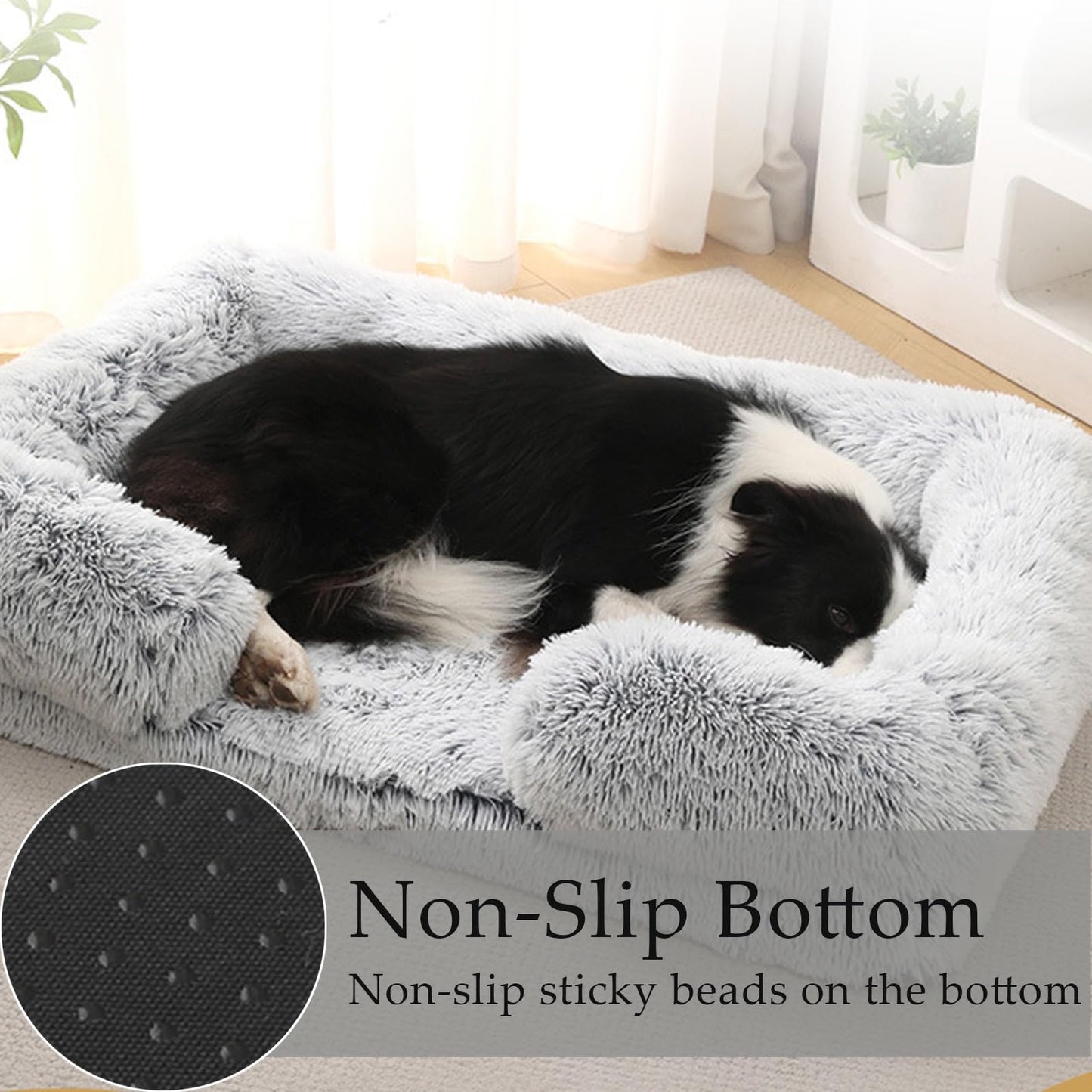 A black and white dog sleeping in a light grey dog beds with shelves and plants behind