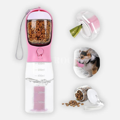 A pink and white pet bottle with a dog and treats